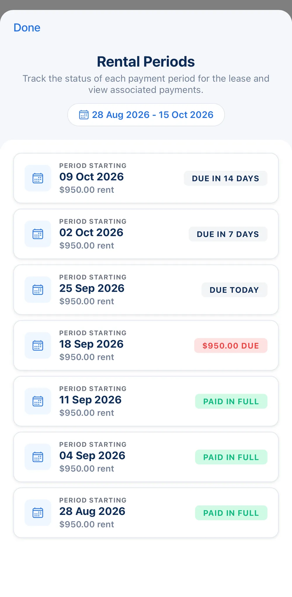 Rentiuno rental periods marked paid in full, overdue and due soon