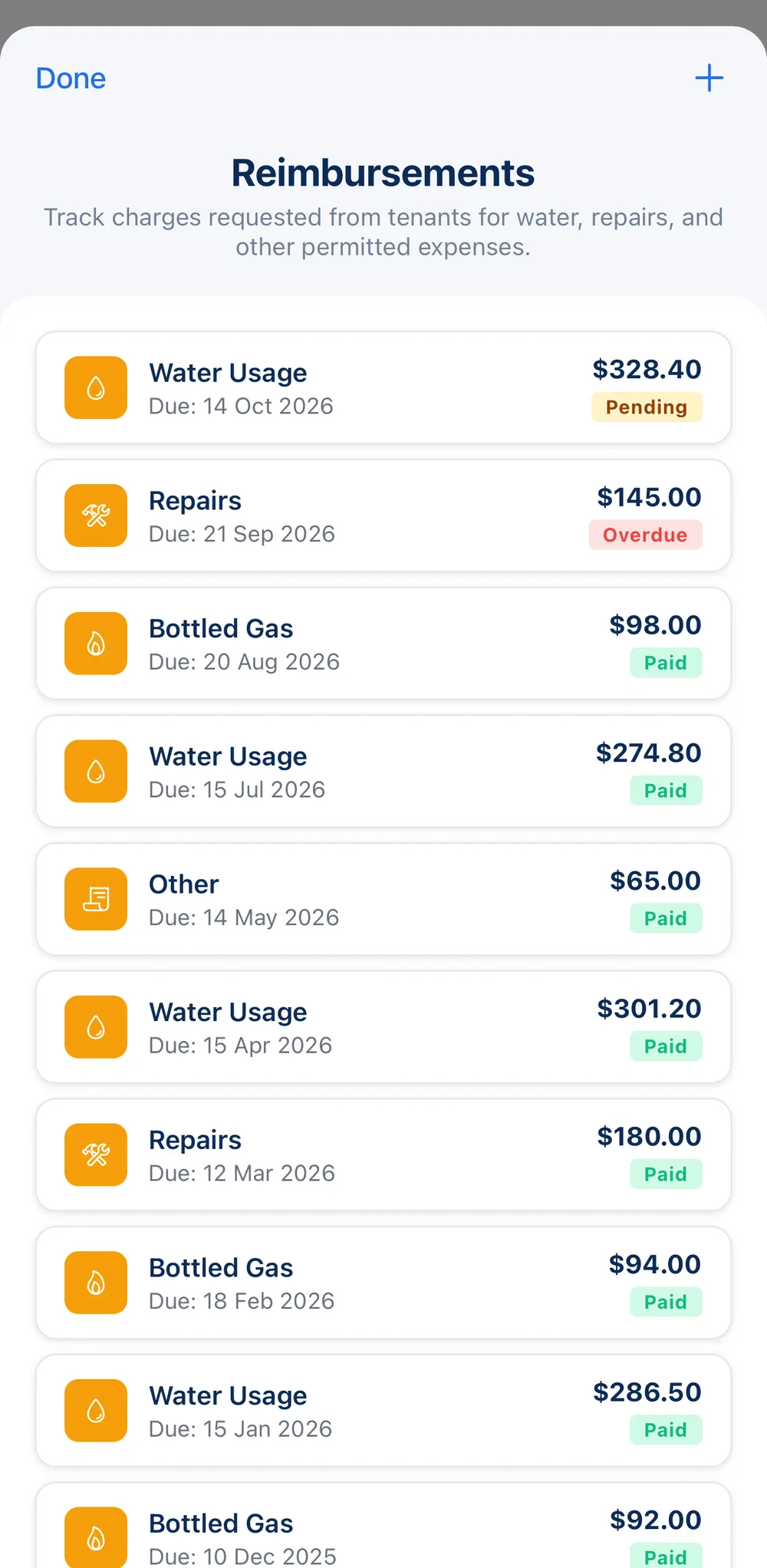Rentiuno reimbursements list with a pending water bill, an overdue repair and a year of paid water, gas and repair requests